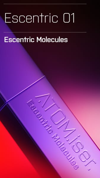 This ad features a close-up shot of Escentric Molecules' Escentric 01 fragrance, highlighting the bottle's desig