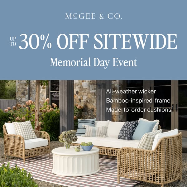 This ad from McGee & Co. is for outdoor furniture that is all-weather wicker, has a bamboo-inspired frame, and made-