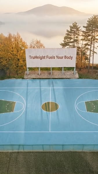 This ad features a billboard with the text "TruHeight Fuels Your Body" in front of a basketball court and a sc