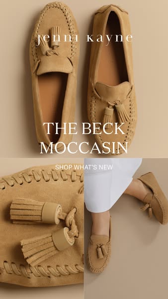 This image ad showcases the Jenni Kayne Beck Moccasin in a close-up, elegant setting, highlighting the design and crafts