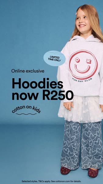 This ad features a young girl modeling a hoodie with a smiley face on it from Cotton On Kids. The ad promotes an online 