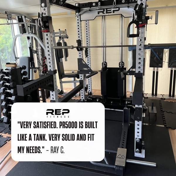 This ad features a testimonial from a satisfied customer about the REP Fitness PR5000, emphasizing its durability and su