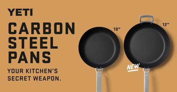 This image ad promotes the YETI brand's line of carbon steel pans, highlighting their durable construction and posit