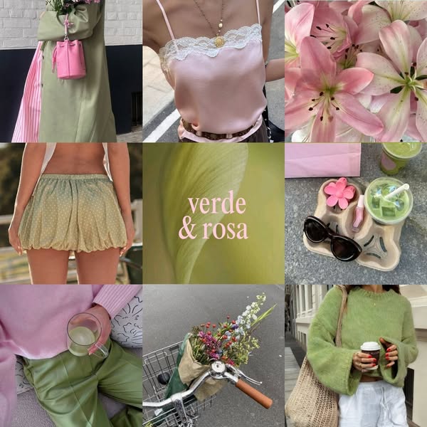 This ad is a mood board featuring various aesthetics. The imagery contains the color palette of pink and green with item