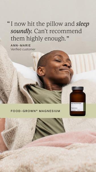 This image ad features a testimonial from a verified customer about the benefits of using Food-Grown Magnesium for sleep