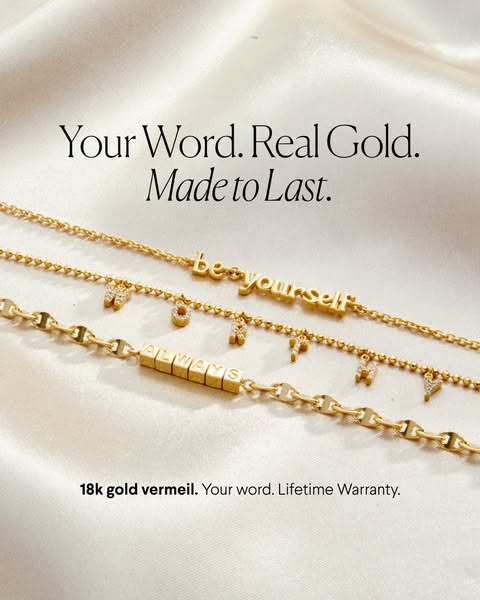 An ad showing a close-up of three gold necklaces with custom word pendants. The ad highlights that the necklaces are mad