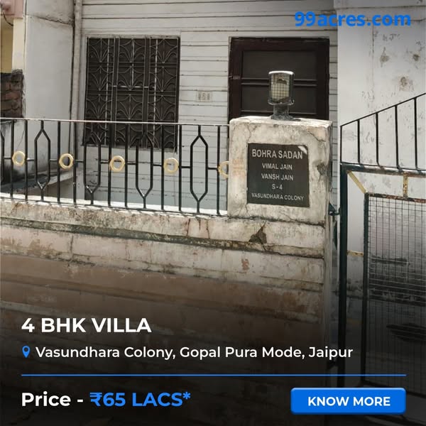 This ad is for a 4 BHK villa in Vasundhara Colony, Gopal Pura Mode, Jaipur. The ad features a picture of the property en