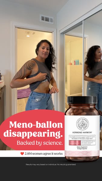 Ad for Happy Mammoth Hormone Harmony product featuring a woman in jean shorts showing the gap in her waistline after usi