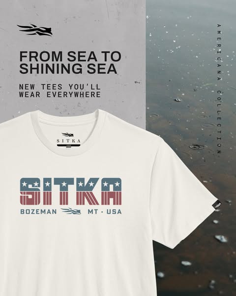 This ad showcases the new line of Americana Collection t-shirts from Sitka, emphasizing their versatility and patriotic 