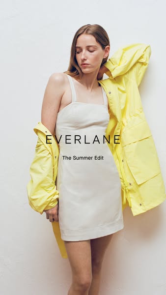 This ad by Everlane showcases a dress and a jacket from "The Summer Edit" collection. The ad features a model
