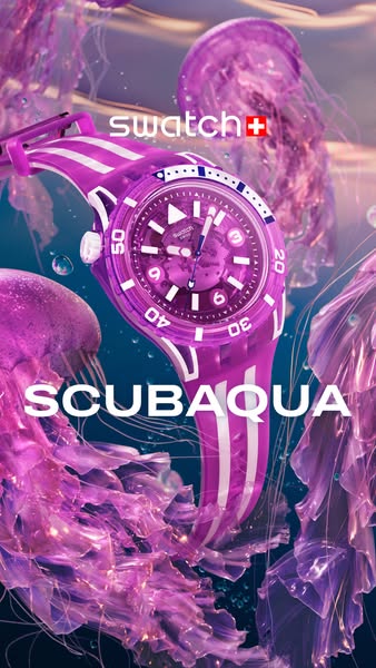 This ad showcases a pink Swatch watch with jellyfish swimming in the background.