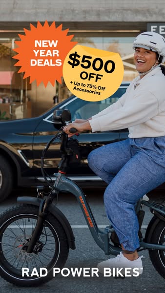 This image ad promotes Rad Power Bikes with an offer for New Year deals, including $500 off and up to 75% off accessorie