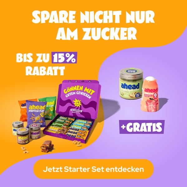 This ad is promoting a starter set of Ahead brand snacks, offering up to 15% off and a free item. It aims to encourage t