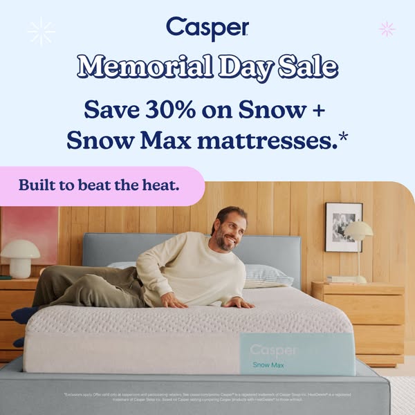 This image ad promotes Casper's Memorial Day sale, offering a 30% discount on Snow and Snow Max mattresses. It featu