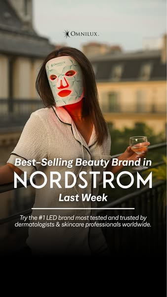This image ad for Omnilux promotes the brand as the best-selling beauty brand in Nordstrom last week and the #1 LED bran