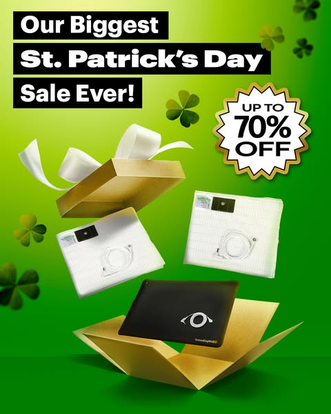 This image ad is promoting a St. Patrick's Day sale. The ad features an open gold gift box with a white bow, and ins