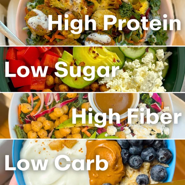 This ad showcases four different bowls of food, each highlighting a specific nutritional benefit, with text overlays emp