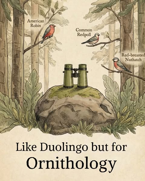 This image ad presents an ornithology learning program using the Duolingo format to reach people with an interest in bir