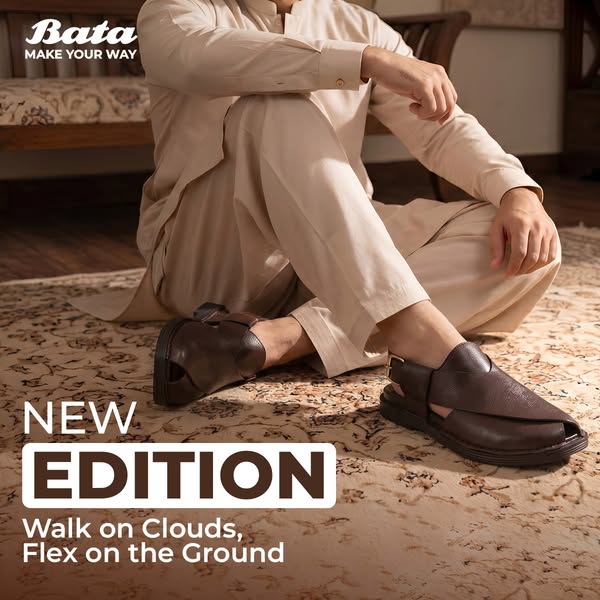 This image ad showcases Bata's new edition of sandals. It features a man sitting on a rug wearing the sandals, with 