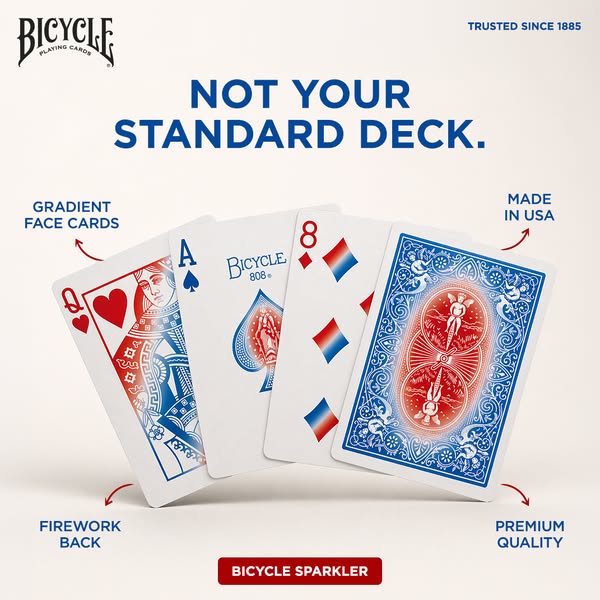 This ad showcases the Bicycle Sparkler playing cards, highlighting the gradient face cards, firework back, and premium q