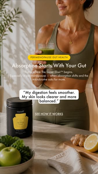 This ad is for The Super Elixir by WelleCo that is aimed at women experiencing perimenopause. The ad promotes the produc