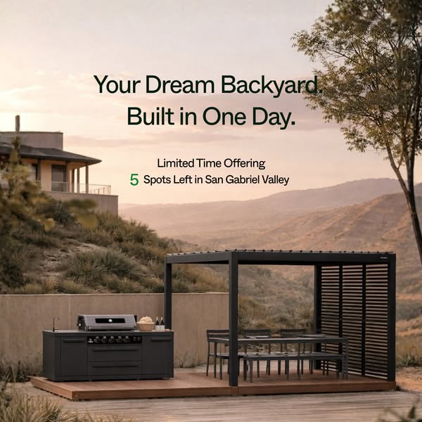 The ad promotes a service that builds dream backyards quickly, specifically in the San Gabriel Valley, and the ad highli
