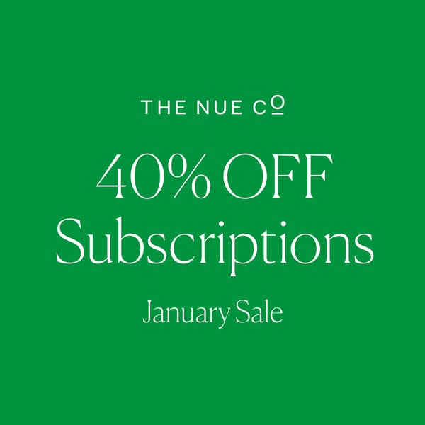 This image ad promotes The Nue Co's January Sale, offering 40% off subscriptions. The ad features a simple design wi