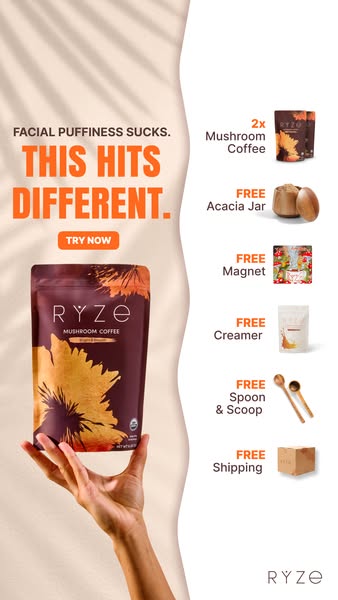 An advertisement for Ryze mushroom coffee highlights the benefits and free gifts with purchase, while also calling out t