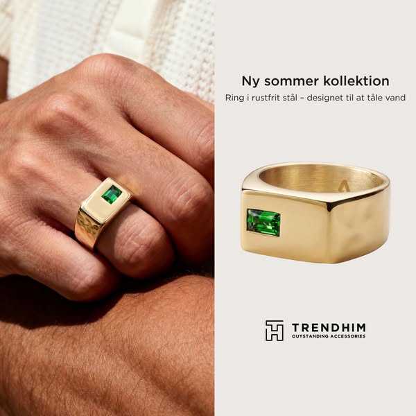 This ad showcases a gold ring with a green stone from Trendhim's new summer collection. The ring is made of stainles
