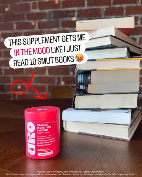 An image ad for URO Vaginal Moisture + Mood Support Capsules, showing the product next to a stack of books. The ad uses 