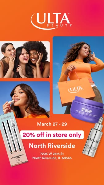An image ad for Ulta Beauty promoting a 20% off in-store sale event. The ad features a group of diverse women, Ulta shop