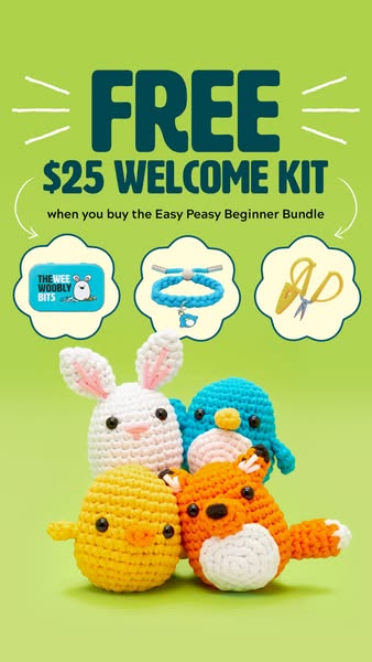 The ad is for The Wee Woolly Bits, offering a free $25 welcome kit when you purchase the Easy Peasy Beginner Bundle. The