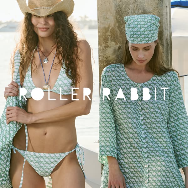This ad features two women wearing clothing items from the brand Roller Rabbit. The woman on the left is wearing a bikin