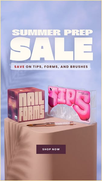 This image ad promotes a summer sale on nail products, including tips, forms, and brushes, showcasing them against a lig