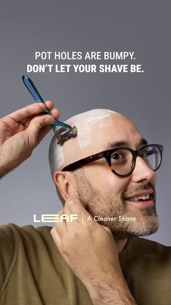 This ad shows a person shaving their head with Leaf brand razor. The ad copy emphasizes that Leaf razors provide a smoot
