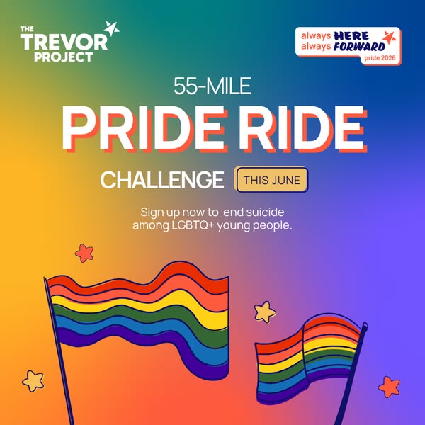This image ad promotes The Trevor Project's 55-Mile Pride Ride Challenge, encouraging sign-ups to end suicide among 