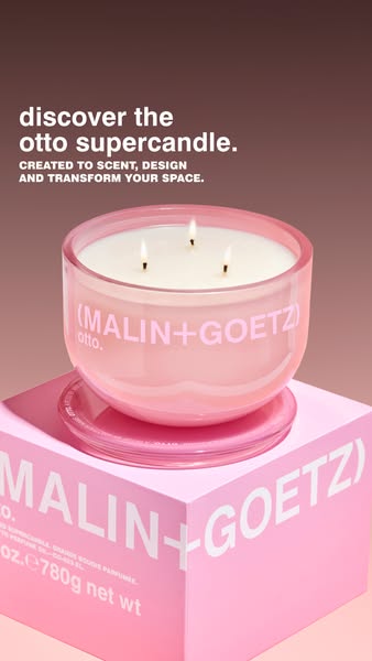 This ad showcases the Malin+Goetz otto supercandle, emphasizing its design and ability to transform any space.