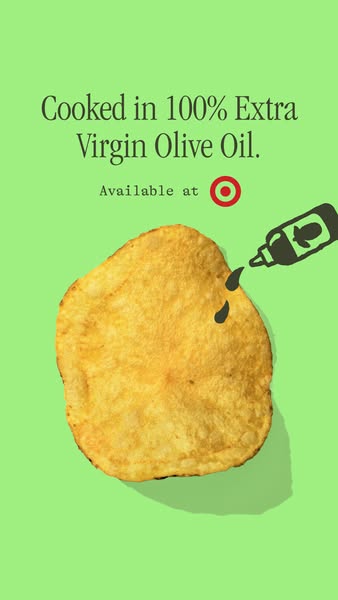 This ad features a close-up of a potato chip and highlights its use of 100% extra virgin olive oil. The visual style is 