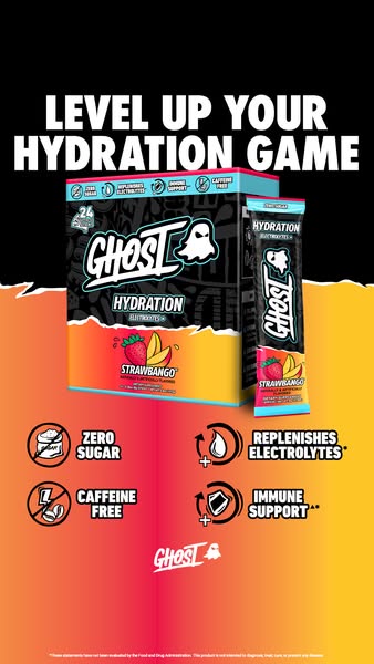 This ad for Ghost Hydration drink mix highlights the product's key benefits and features, such as zero sugar, electr
