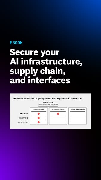 This ad promotes an ebook about securing AI infrastructure, supply chains, and interfaces. It uses a diagram to illustra