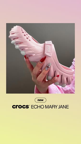 This ad features the Crocs Echo Mary Jane. The shoe is being held up by a person with decorative long red nails.
