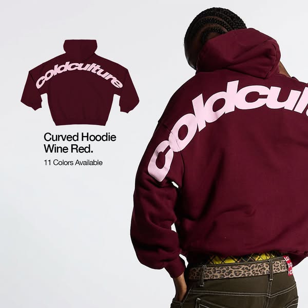This ad features a wine red curved hoodie with the brand name printed on the back. The ad highlights the availability of
