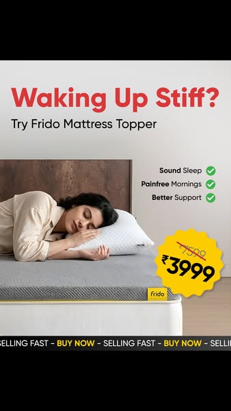 An ad for Frido mattress topper, focusing on the benefits of sound sleep, pain-free mornings, and better support. A woma