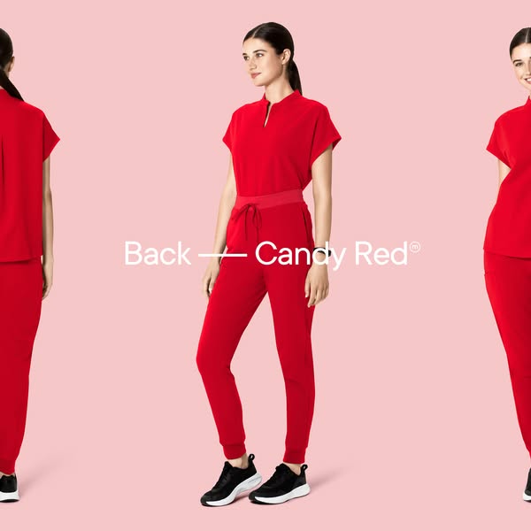 This ad showcases a FIGS scrub set in the color Candy Red. It features a woman wearing the set, displayed from multiple 