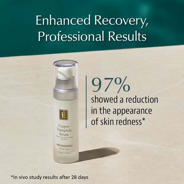 This image ad features a bottle of É Copper Tripeptide Serum against a neutral stone and green backdrop. The ad emphasiz