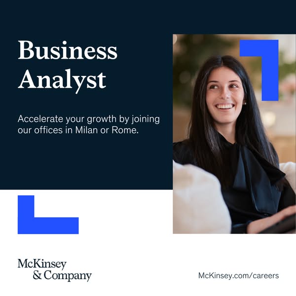 This image ad is for McKinsey & Company, advertising a Business Analyst position in their Milan or Rome offices. The