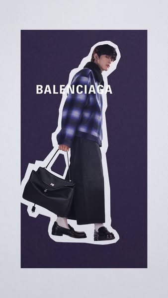 This ad for Balenciaga features a cutout of a model against a purple background.