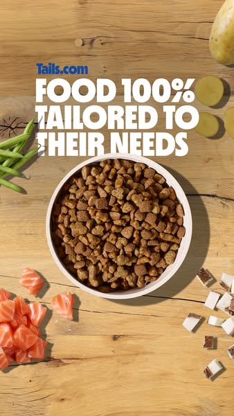 This image ad for Tails.com features a bowl of dog food surrounded by fresh ingredients, emphasizing the brand's com