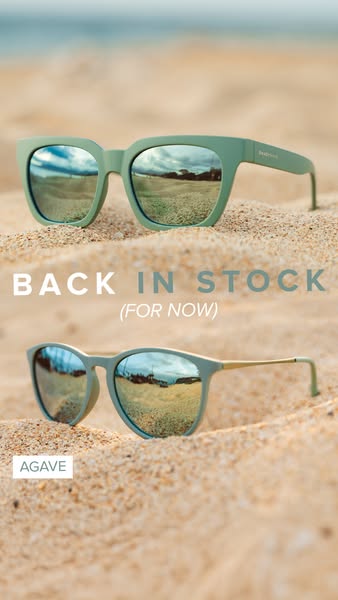 An image ad featuring two pairs of sunglasses in the sand is used to announce that they are back in stock, though only f