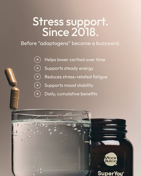 The ad showcases Moon Juice's SuperYou supplement, emphasizing its stress support and adaptogenic properties. The ad